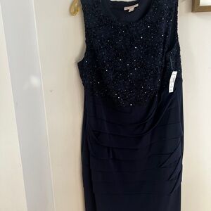 Dressbarn Dress Womens 14‎ Navy Lace Sequin Sheath V Neck Ruched Cocktail Party